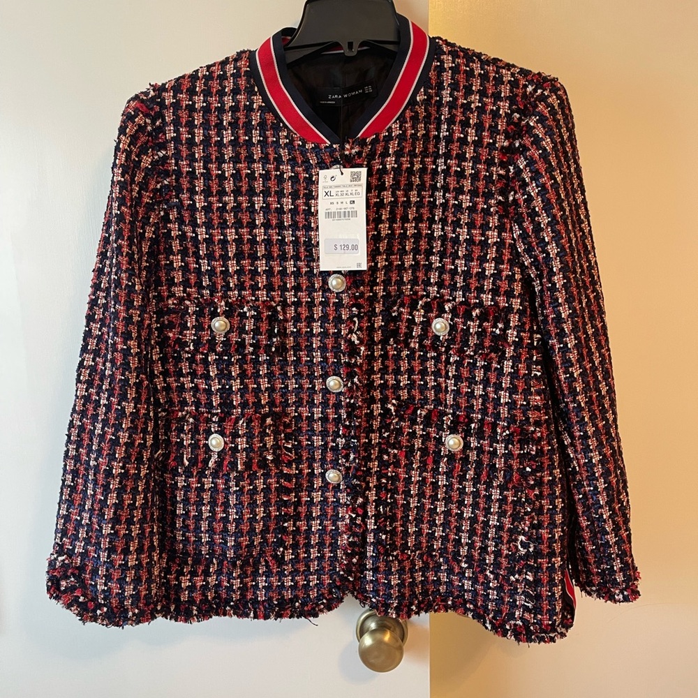 Zara bouquet Tweed houndstooth blazer jacket XL red blue pearl